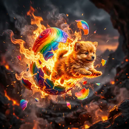 Rainbow Egg Hatch: Fiery Spectacle with Fluffy Puppy Emergence
