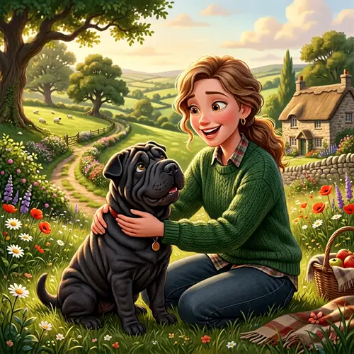 Pixar-Style Animation of Woman and Shar Pei Dog