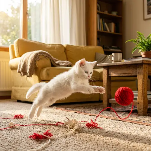 Playful Cat with White Fur and Green Eyes in Cozy Living Room