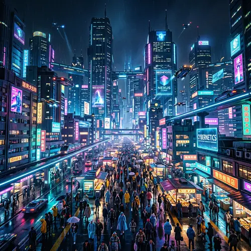Vibrant Cyberpunk Cityscape at Night with Neon Lights