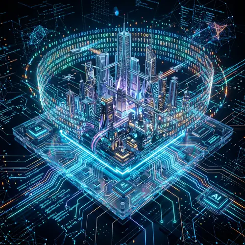 3D Rendering & Artificial Intelligence Image: Futuristic Cityscape & Circuit Board