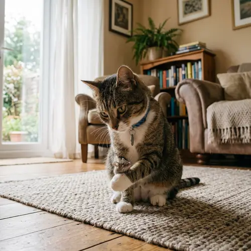 Cat Holding Mouse - Curious Feline Indoor Scene