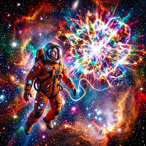 Colorful Space Adventure: Astronaut in Supernova Burst Scene