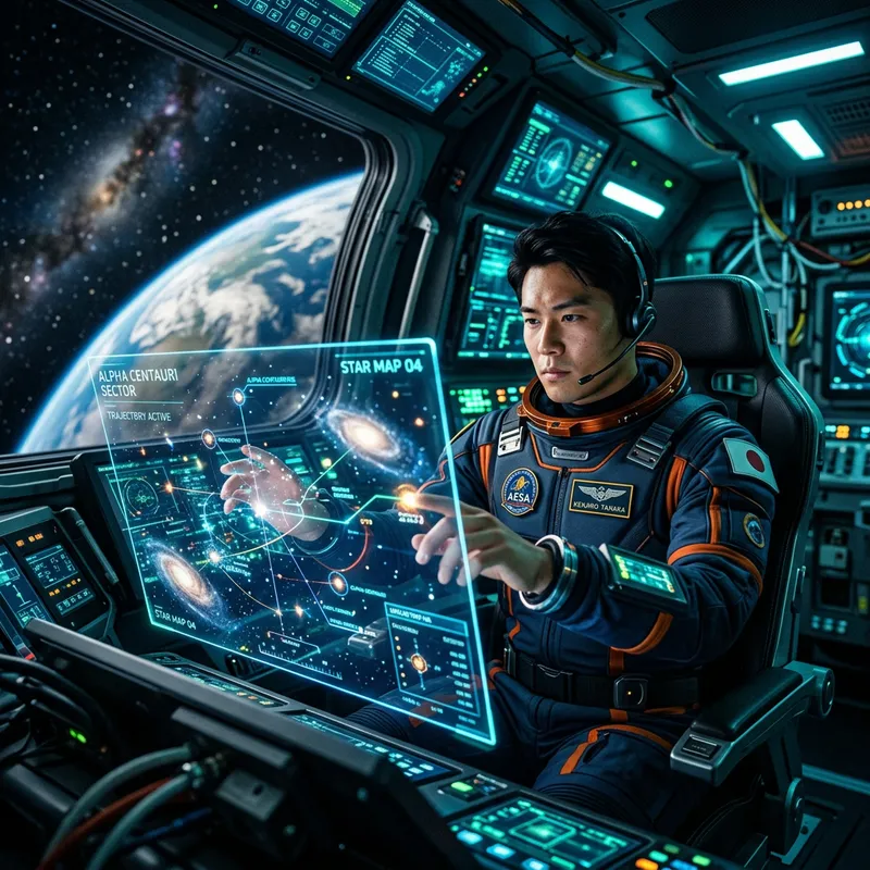 Determined Asian Astronaut Navigating Cosmos in Hi-Tech Spacecraft