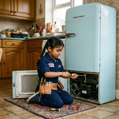 Determined South Asian Girl Repairs Home Refrigerator | Mini Engineer Uniform