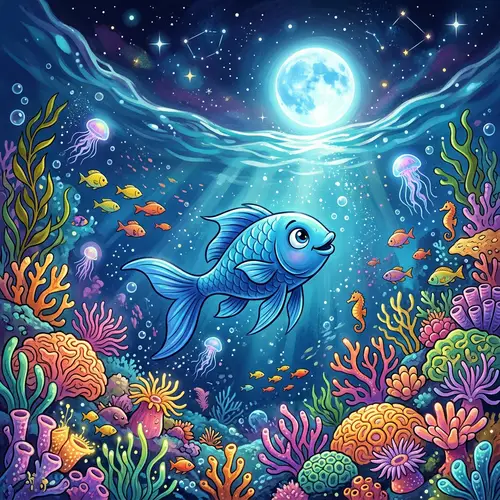 Whimsical Blue Fish Swimming Towards the Moon