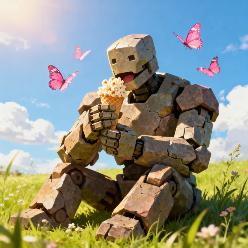 Sunny Day with Golem Enjoying Popcorn Ice Cream