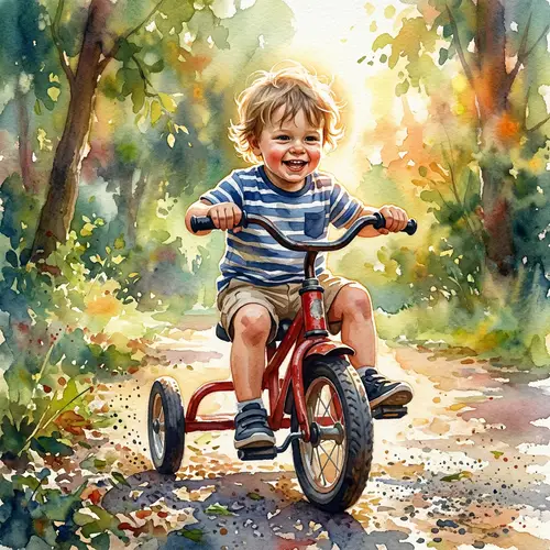 Young Toddler Boy Riding Tricycle - Watercolor Masterpiece