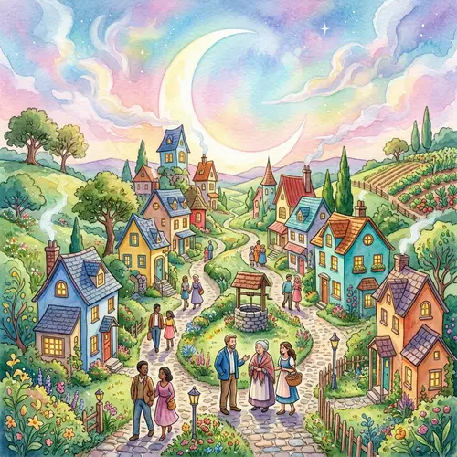 Surreal Dreamlike Watercolor Village Painting