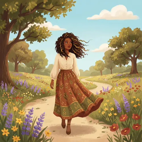 Elegant Dark Skin Woman Walking Illustration