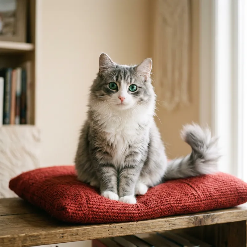 Cute Gray and White Fluffy Domestic Cat on Red Cushion