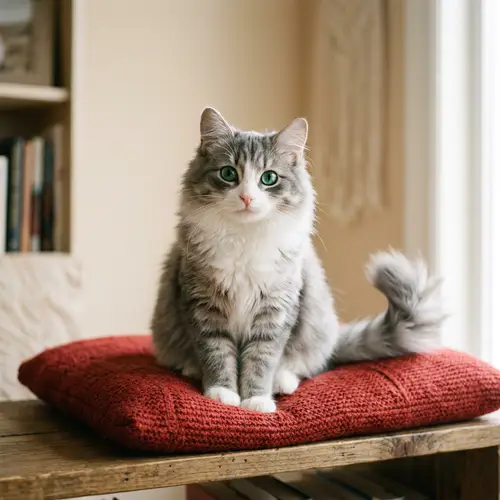 Gray and White Fluffy Domestic Cat on Red Cushion