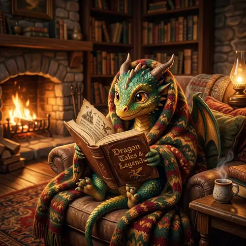 Baby Dragon Reading a Book in a Cozy Blanket