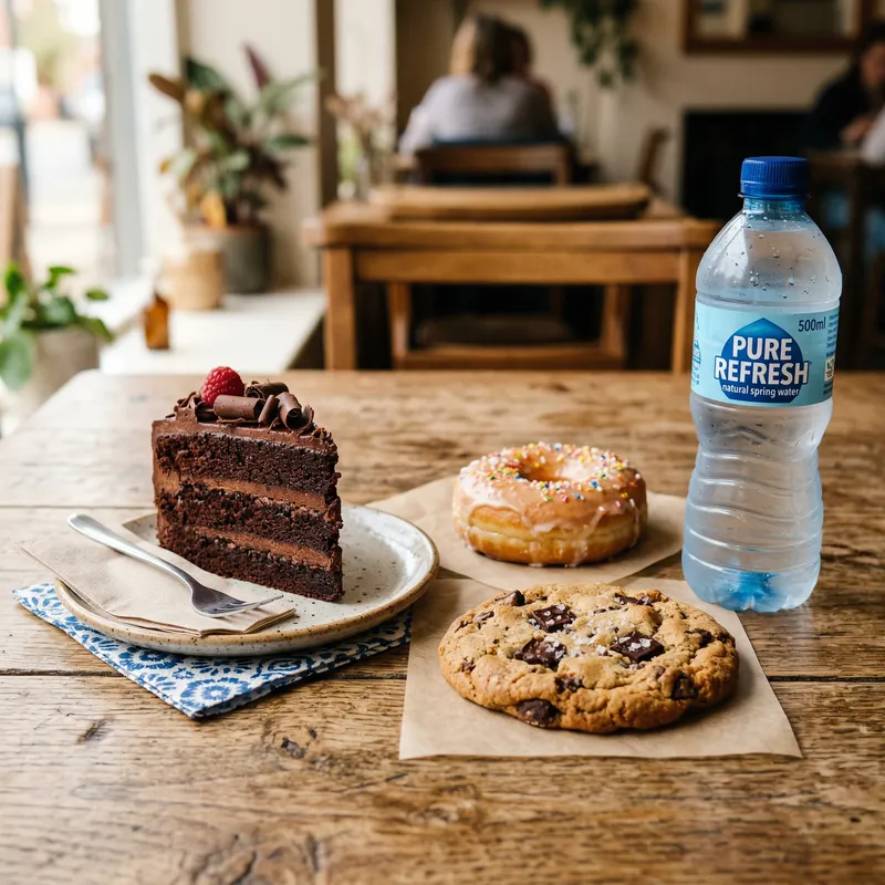 Delicious Cake, Donut, Cookie & Refreshing Water