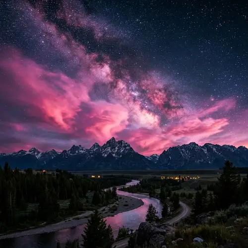 Starry Sky with Pink Clouds Landscape