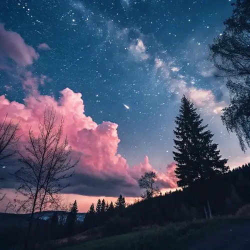 Starry Sky with Pink Clouds Landscape