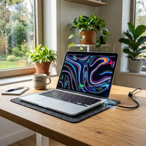Silver Laptop on Wooden Desk | Abstract Wallpaper Display