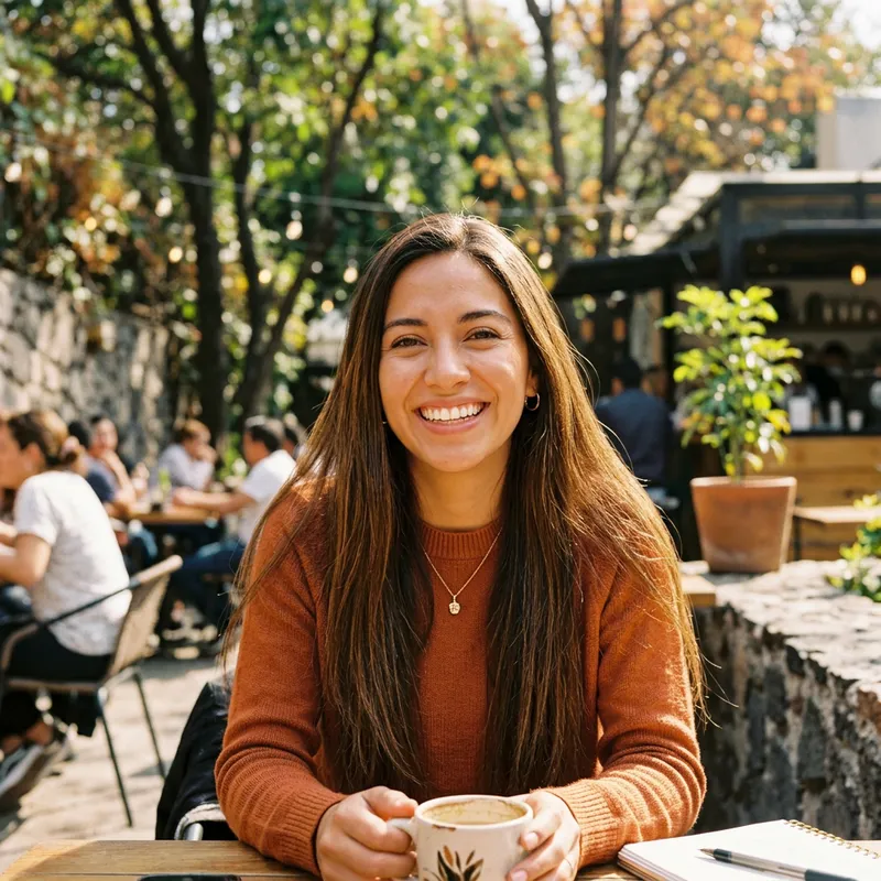 Smiling Hispanic Woman with Long Straight Brown Hair