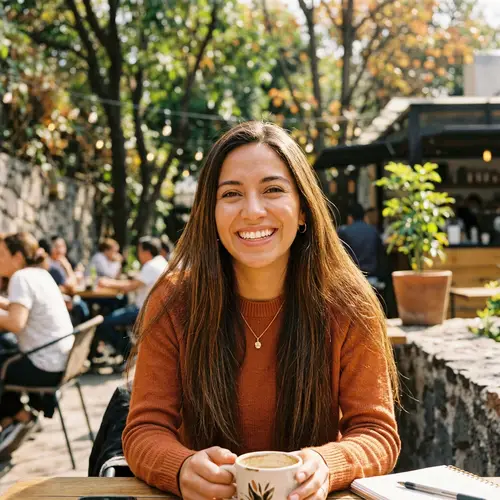 Smiling Hispanic Woman with Long Brown Hair