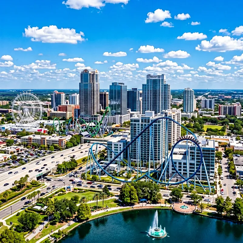 Urban Landscape of Orlando Florida with Roller Coasters