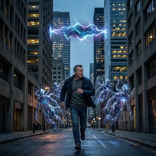 Man Running from Extraterrestrial Beings in a City at Dusk