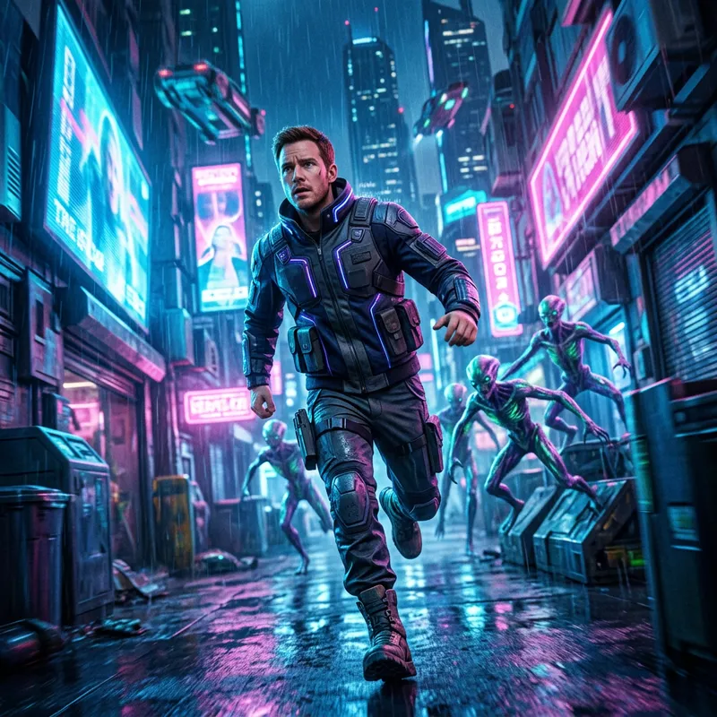 Intense Cyberpunk Chase in Neon Cityscape: Blade Runner Vibes