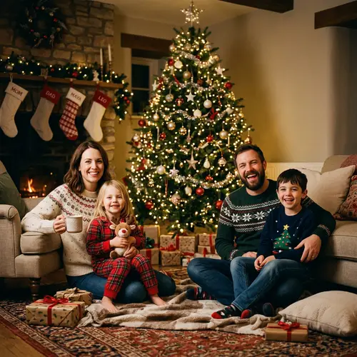 Cozy Family Christmas Photo with Twinkling Lights
