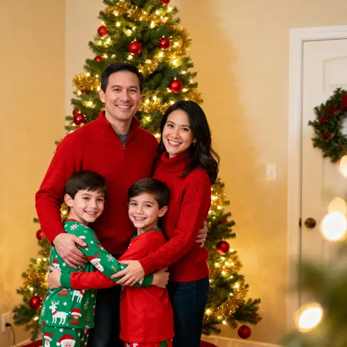 Cozy Family Christmas Photo with Twinkling Lights
