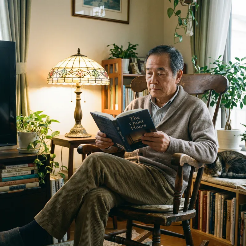 Elderly Man Reading Book in Comfortable Home Environment