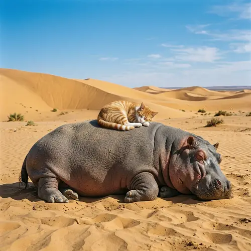 Cat Sleeping on Hippo in Desert: A Surreal Scene