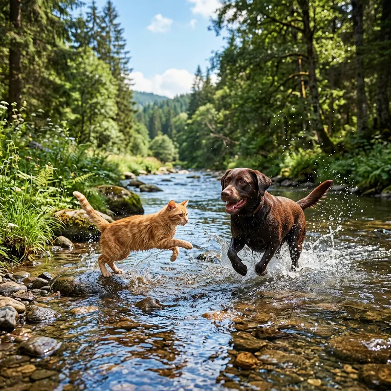 Playful Cat and Dog Playing in River Playful Cat and Dog Playing in River