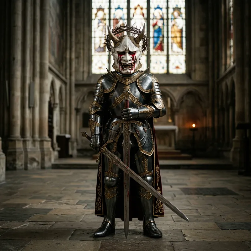 Knight in White Armor with Angelic Hannya Helmet