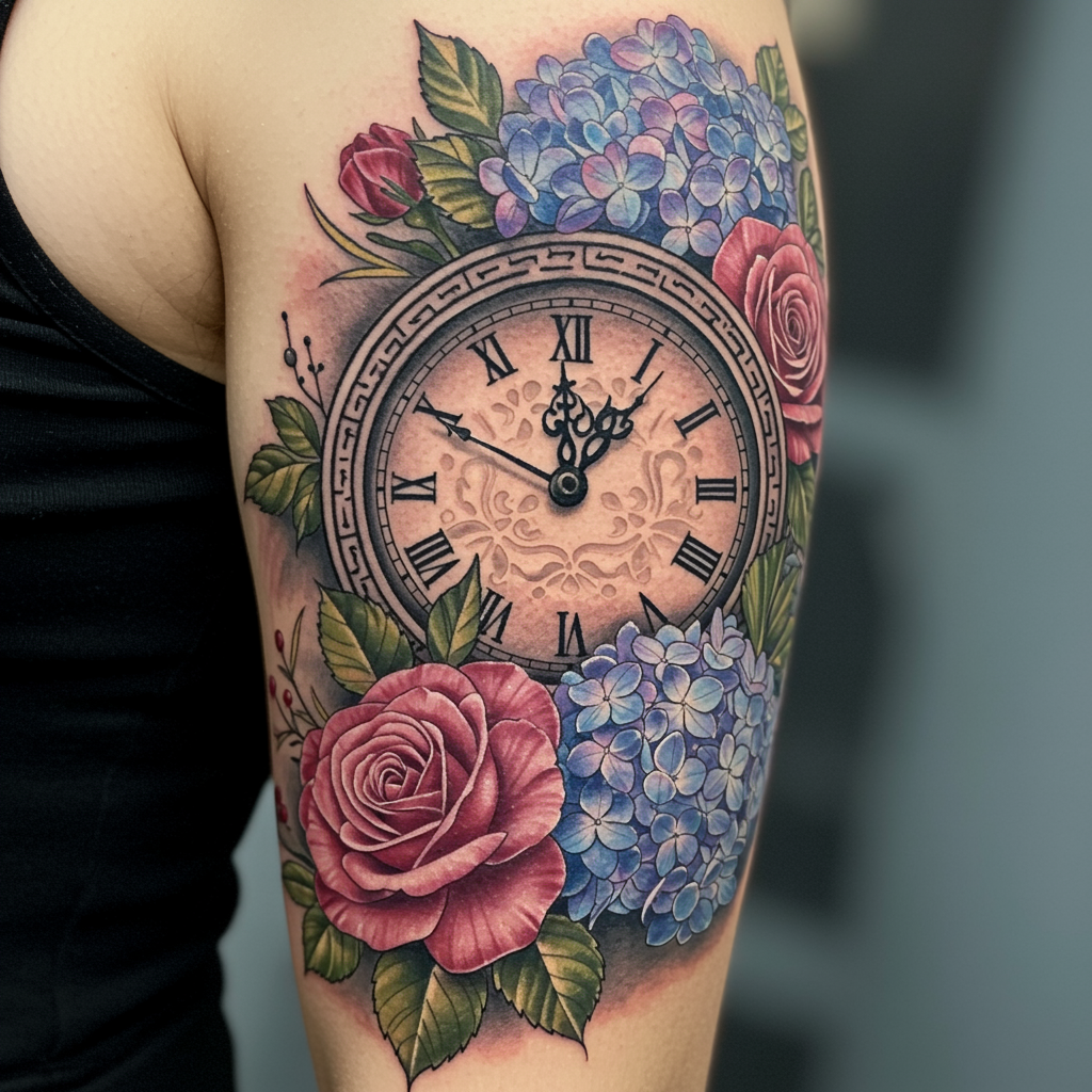 Greek Floral Clock Tattoo Design for Bicep | AI Art Generator |  Easy-Peasy.AI, image size:1024x1024
