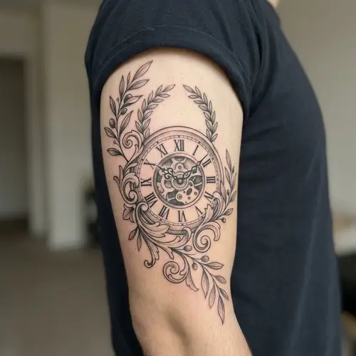 Greek Floral Clock Tattoo Design for Bicep