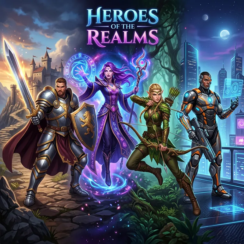 Epic Game Character Banner | Knights, Sorceress, Elf, and Cyborg