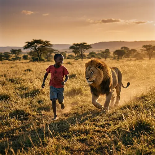 Playful Encounter: Boy Chasing Lion in Adventurous Act