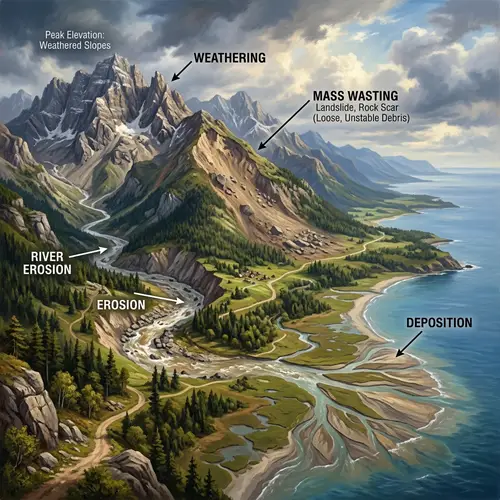 Exogenic Processes in Dynamic Landscape: Weathering, Mass Wasting, Erosion & Deposition