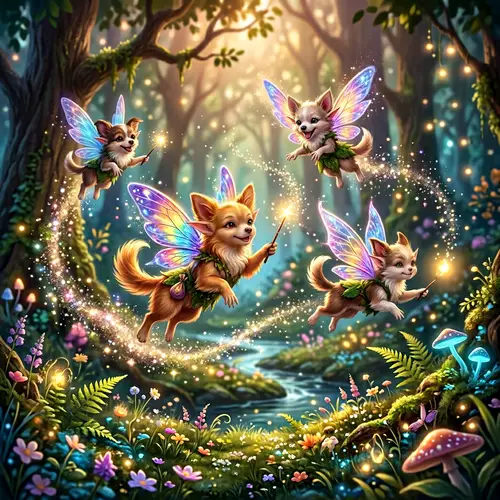Whimsical Fairy Dog Beings with Rainbow Wings