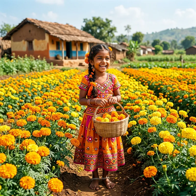 Young South Asian Girl in Traditional Indian Clothing Amidst Marigold Fields
