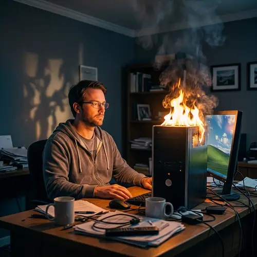 Calm Man Facing Flaming Computer | Dramatic Scene