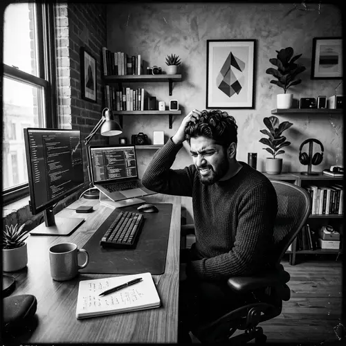 Tech-Inspired Home Office: South Asian Man in Frustration