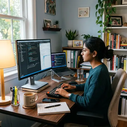 South Asian Woman Working on Modern Computer at Desk
