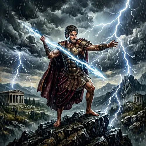 Powerful Mythological Figure with Lightning Bolts | 1024x640px