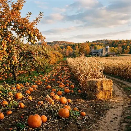 Autumn Harvest Bounty: Fields of Pumpkins, Corn Stalks, and Fruit Trees