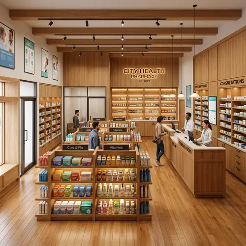 3D Retail Pharmacy Interior Design in Wooden Finish