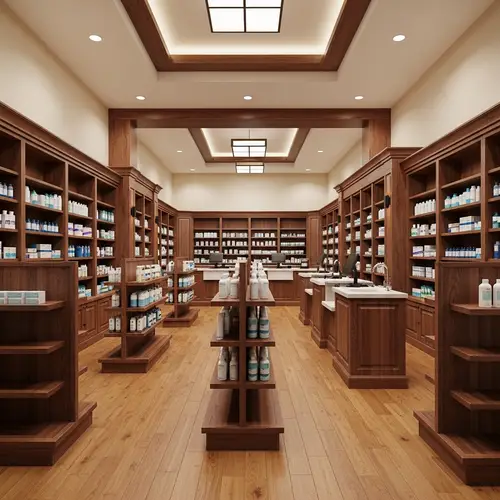 3D Retail Pharmacy Interior Design in Wooden Finish