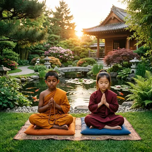 Tranquil Buddhist Children Meditation Scene in Temple Garden