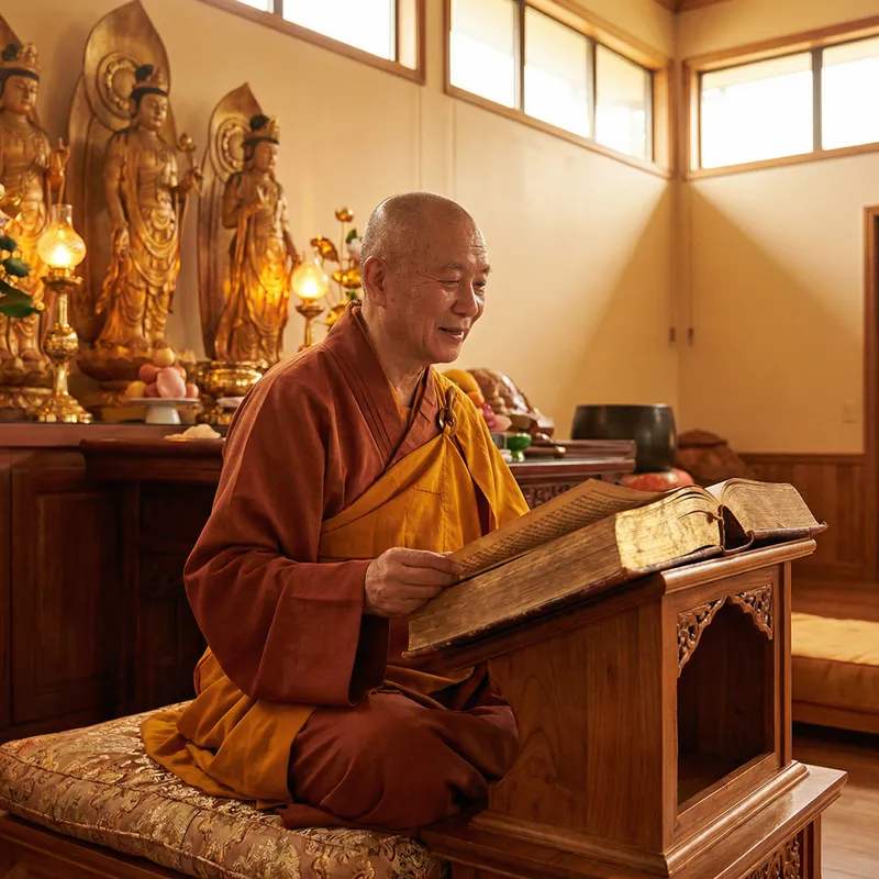 Buddhist Monk Reading Tripitaka in Illuminated Temple