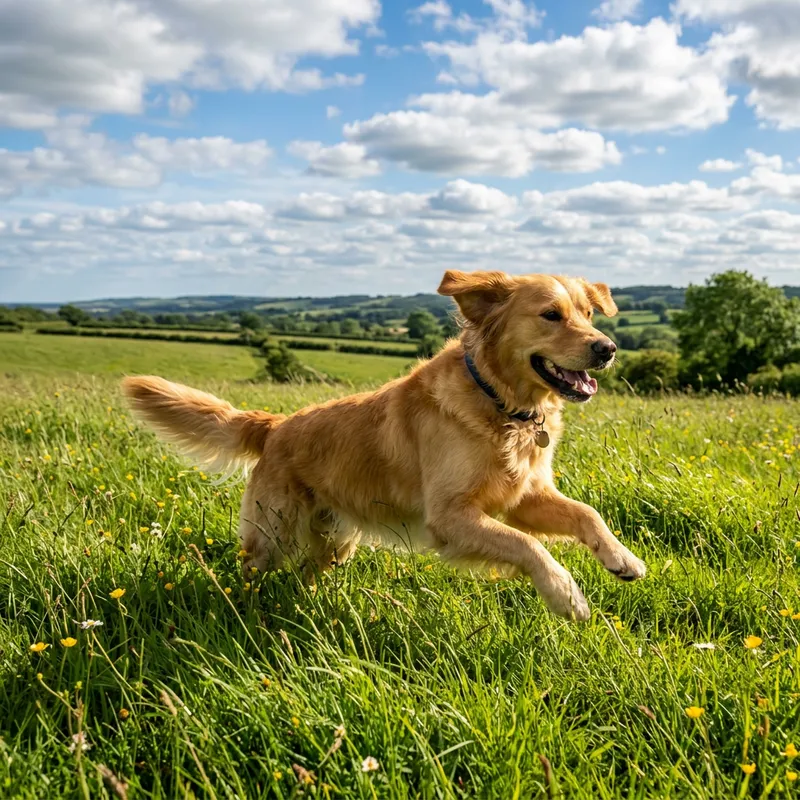 Vibrant and Playful Dog Frolicking in a Sunlit Field
