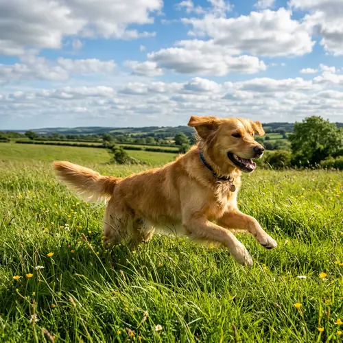 Playful Golden Dog Frolicking in Grassy Field | Joyful Pet Scene